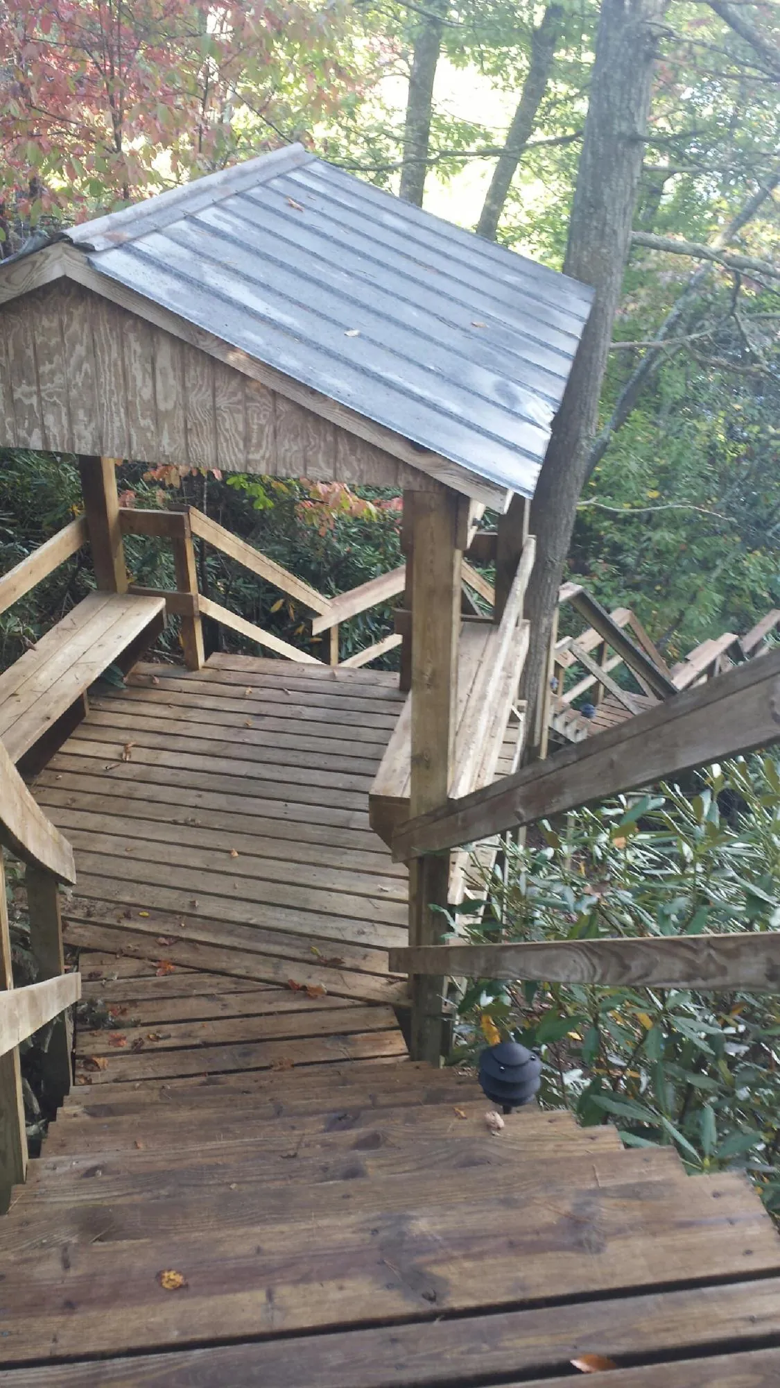 Metal roofed shelter over wooden steps on a wooded walkway — Skylight Repair & Installation work by our crew in Cogan Station